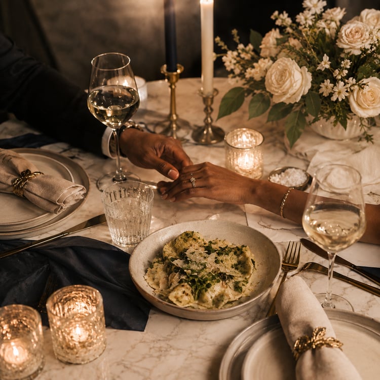 Engaged couple holding hands during a romantic candlelit dinner at home with pasta, wine, ivory flowers and elegant navy-and-gold table décor, representing Worth the Veil™ date-night recipes, printable couples’ games and relationship resources.