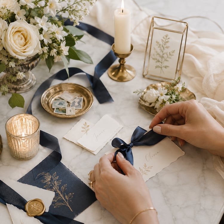 Bride tying a navy ribbon around elegant wedding stationery beside ivory flowers, candles, wax-sealed envelopes and champagne-gold décor, representing Worth the Veil™ wedding detail guides, décor planning tools and printable wedding resources.