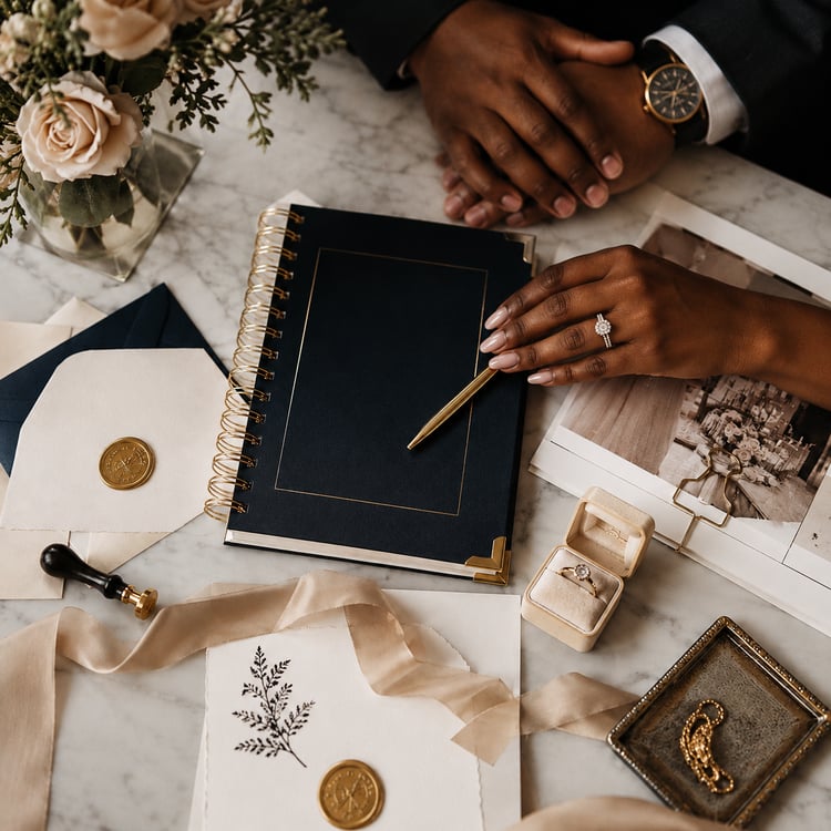 Engaged couple planning their wedding together at a marble table with a navy wedding planner, gold pen, engagement ring, flowers and elegant stationery, representing Worth the Veil™ printable wedding planning tools, budget guides and checklists.