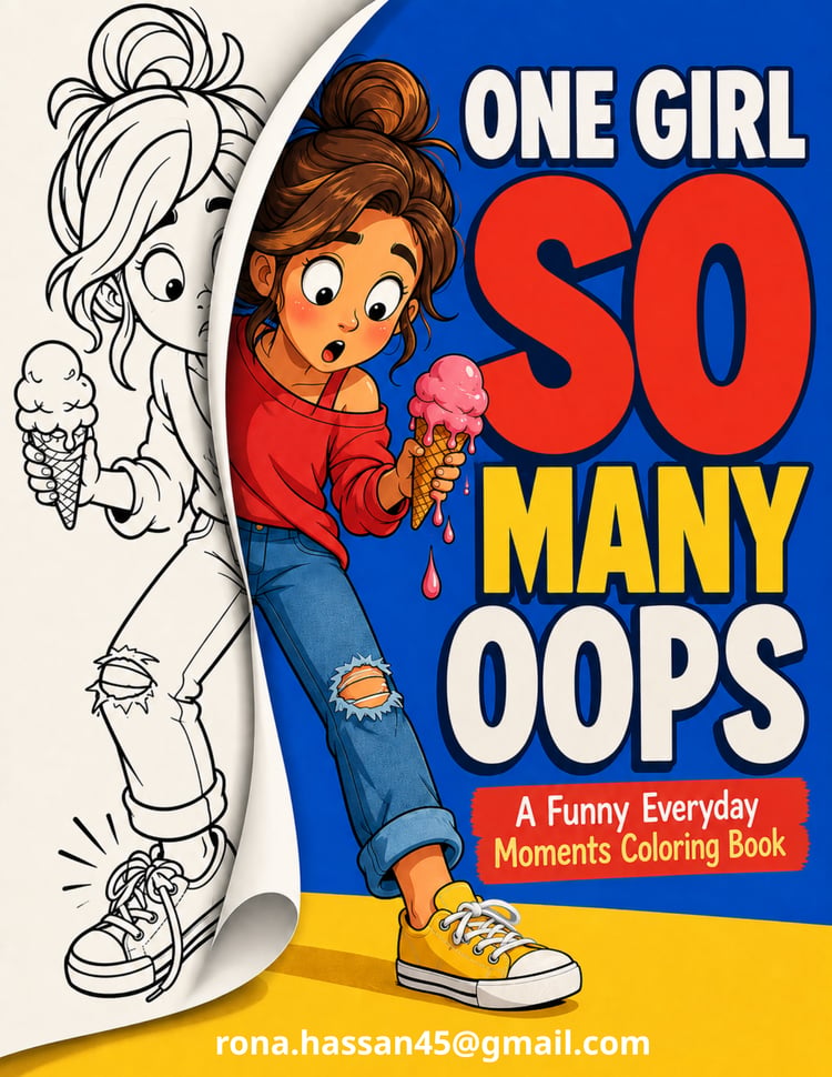 Front cover of One Girl So Many Oops funny everyday moments coloring book featuring a colorful cartoon girl holding ice cream.