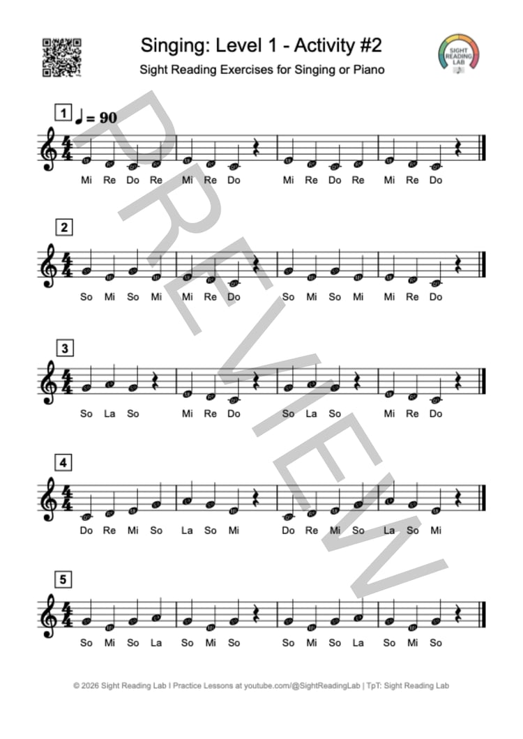 Sheet music with standard notation for Sight Singing Level 1