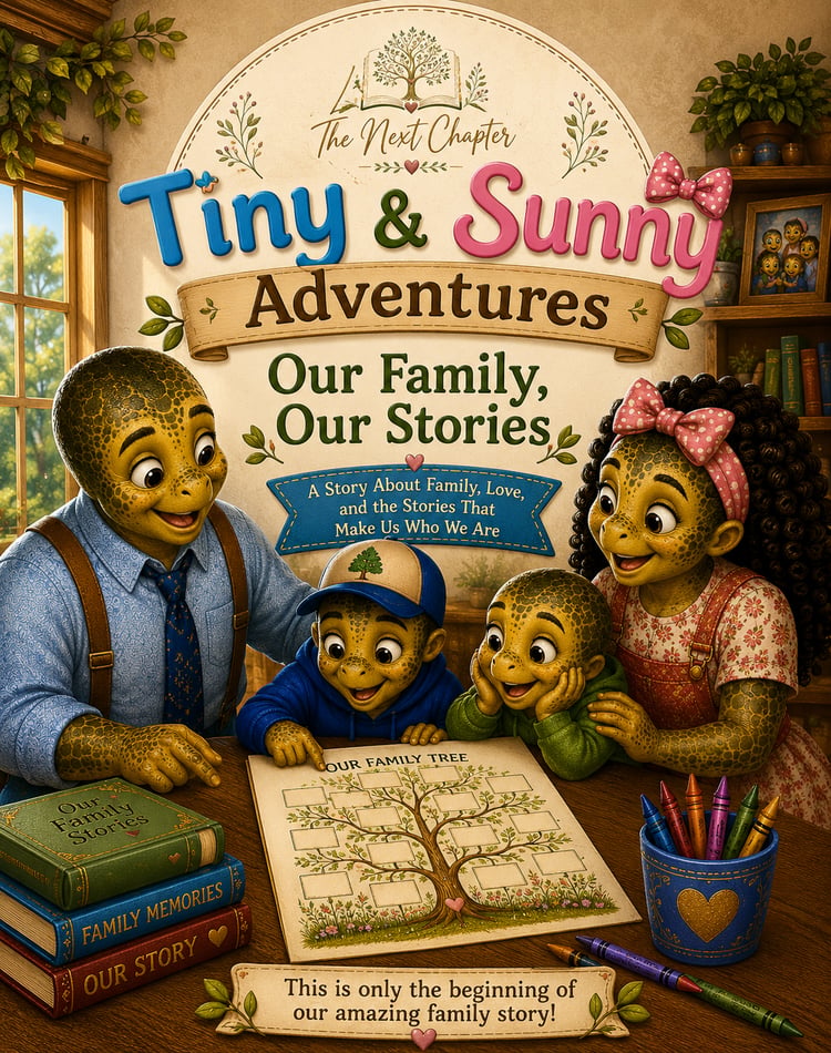 Tiny and Sunny’s Family Tree printable activity book cover featuring a family tree