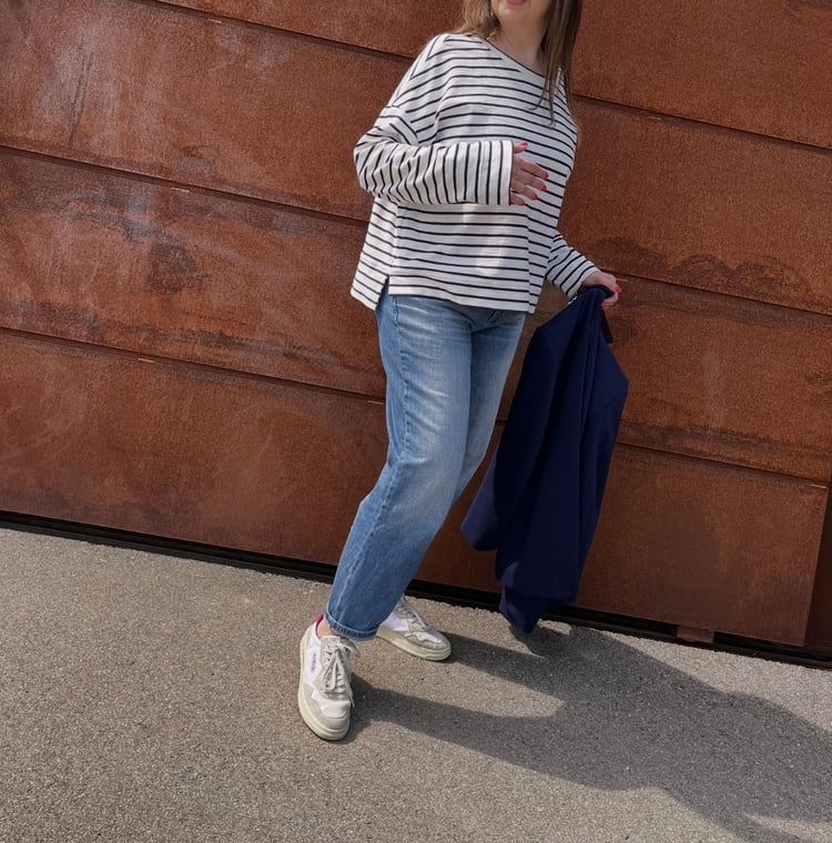 langarm t-shirt mit streifen blau-weiss