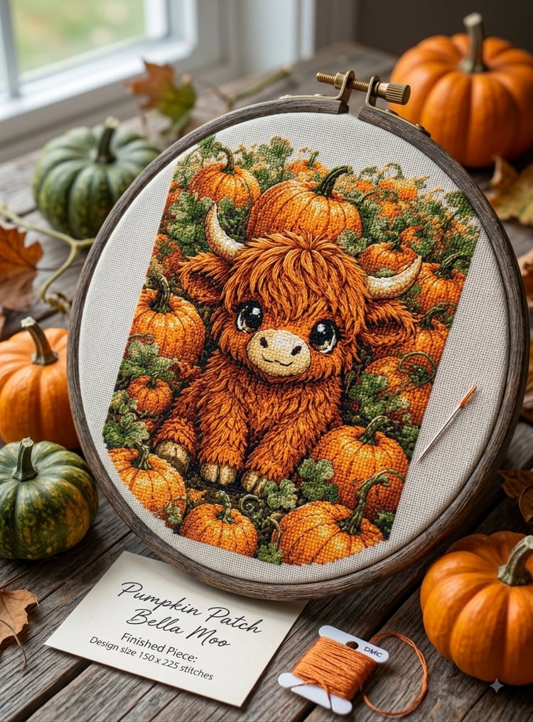 Cute orange Highland cow cross stitch design sitting in a pumpkin patch surrounded by pumpkins, vines, and autumn leaves.