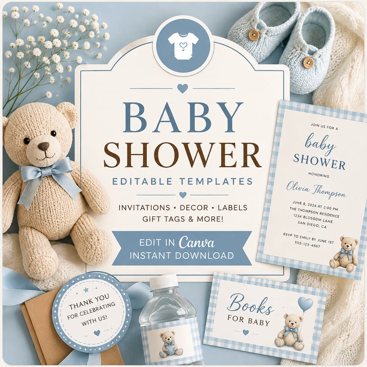 Baby shower editable Canva templates featuring invitations, party decor, gift tags and printable baby shower designs.