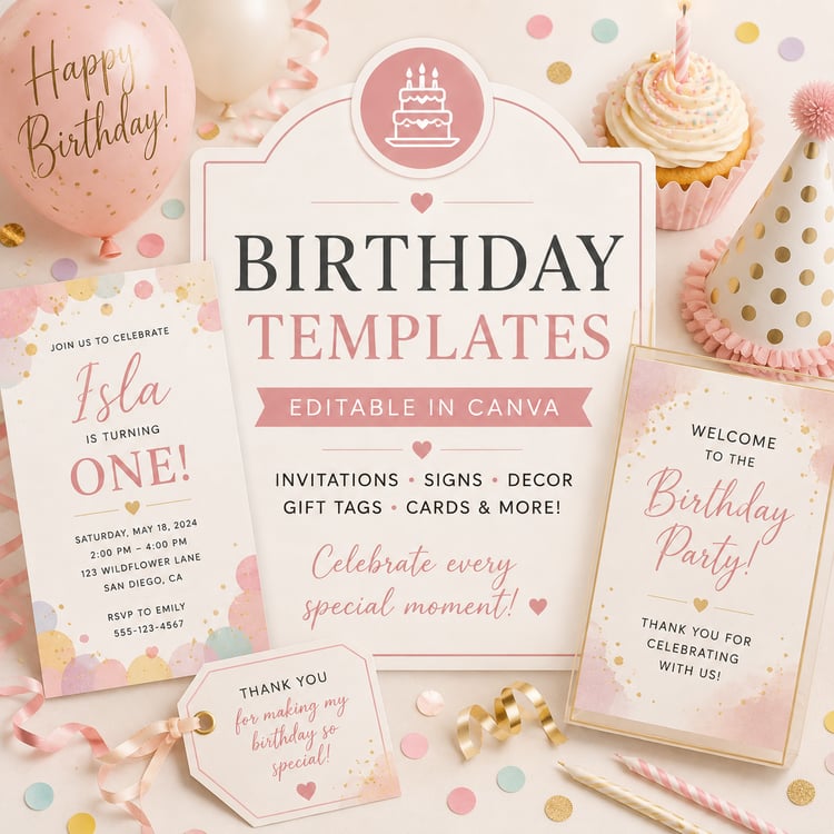 Editable birthday Canva templates featuring birthday invitations, welcome signs, gift tags, thank-you cards and printable party decorations.