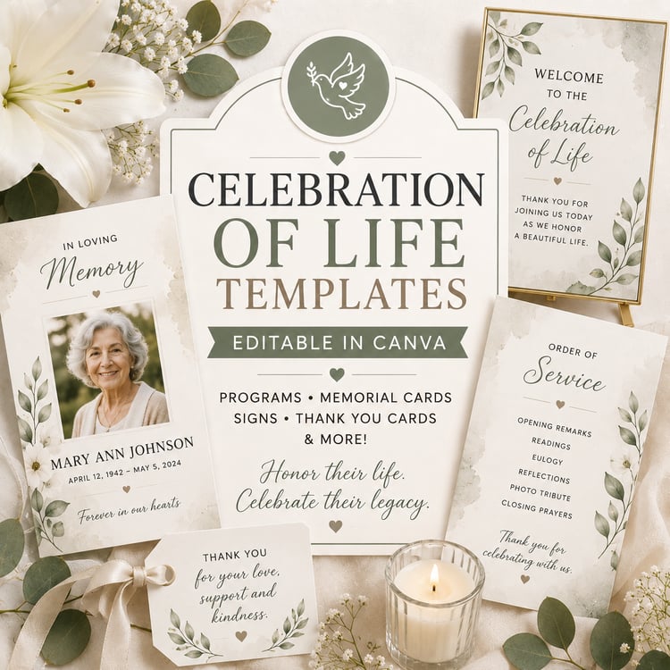 Editable Celebration of Life Canva templates with memorial program, welcome sign, thank you card and funeral printables in sage green and cream.