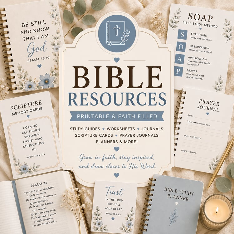 Bible resources printable collection featuring SOAP Bible study worksheets, prayer journals, Scripture memory cards, Bible study planners, and Christian faith printables in a soft cream and dusty blue design.