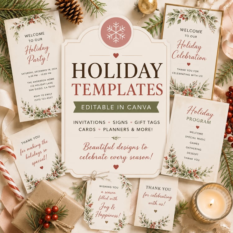 Holiday editable Canva templates featuring Christmas invitations, welcome signs, gift tags, cards and printable party decorations in a festive red and green design.