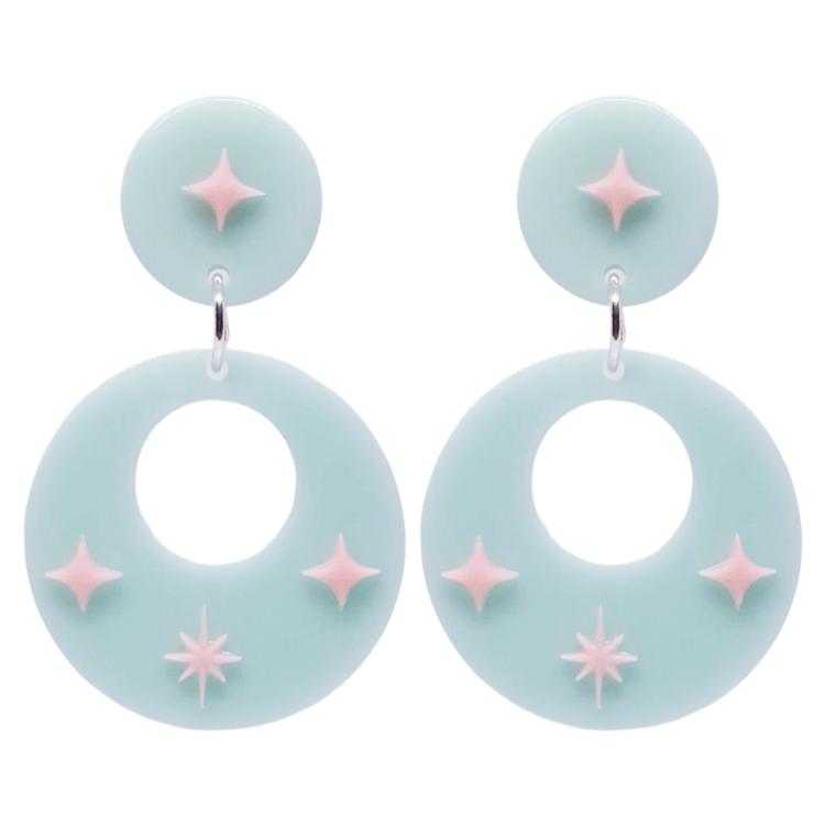1950's Retro Vintage Style Mint Hoop Earrings with Starburst Atomic Cat