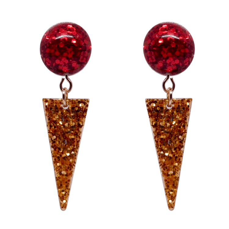 Retro 1970's Style Disco Glamrock Earrings Red Gold Glitter by Atomic Cat