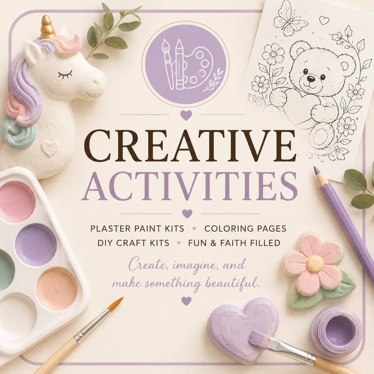 Creative Activities collection featuring pastel plaster painting kits, art supplies, DIY crafts, and printable coloring pages.