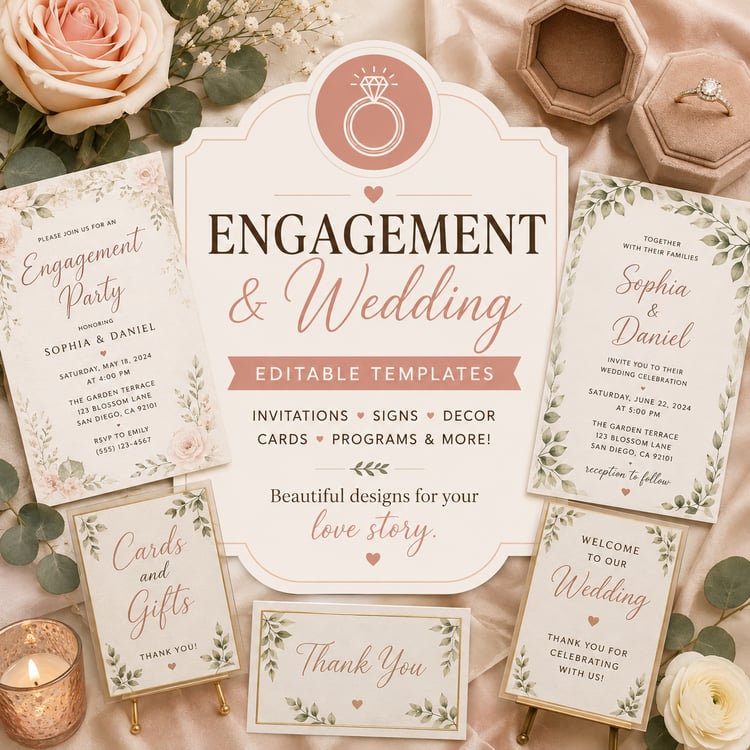 Editable engagement Canva templates featuring engagement party invitations, signs, gift tags and printable celebration decor.