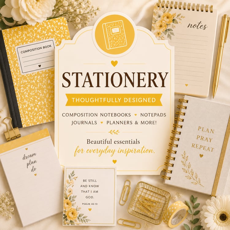 Stationery collection featuring yellow composition notebooks, notepads, journals, planners, and writing accessories in a warm cream and gold flat-lay design.
