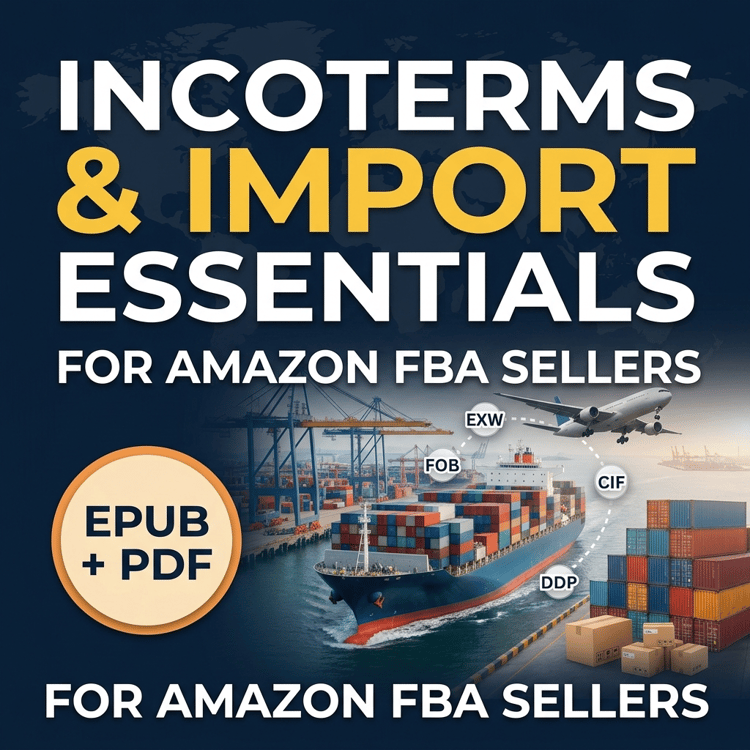Incoterms and import essentials ebook cover for Amazon FBA sellers, digital PDF guide about EXW FOB DDP shipping terms