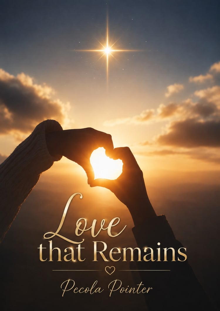 Love That Remains printable digital grief journal by Pecola Pointer, featuring hands forming a heart beneath a glowing star at sunset.