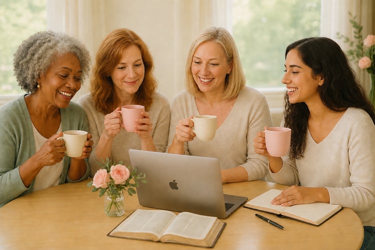 Sunday Tea Circle online Christian women’s Bible study with diverse women of different ages gathered with tea, Bible, journal, and laptop