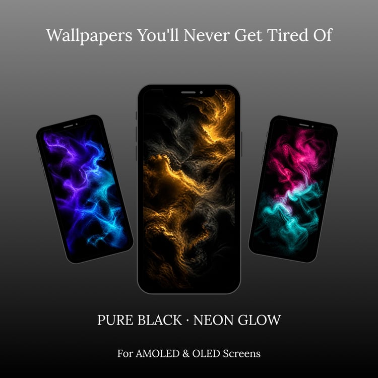 Dark AMOLED phone wallpaper pack cover — three phones showing purple-blue, gold-black, and pink-teal neon smoke wallpapers on black background