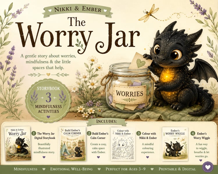 Nikki & Ember: The Worry Jar children's mindfulness story and printable activity bundle featuring Ember beside the Worry Jar.