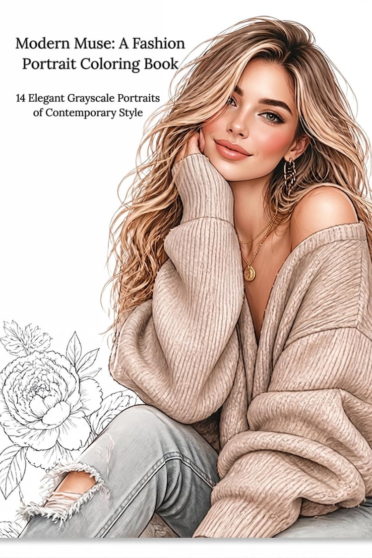 Modern Muse fashion portrait coloring book cover — colored illustration of a young woman in a cozy sweater with gold jewelry