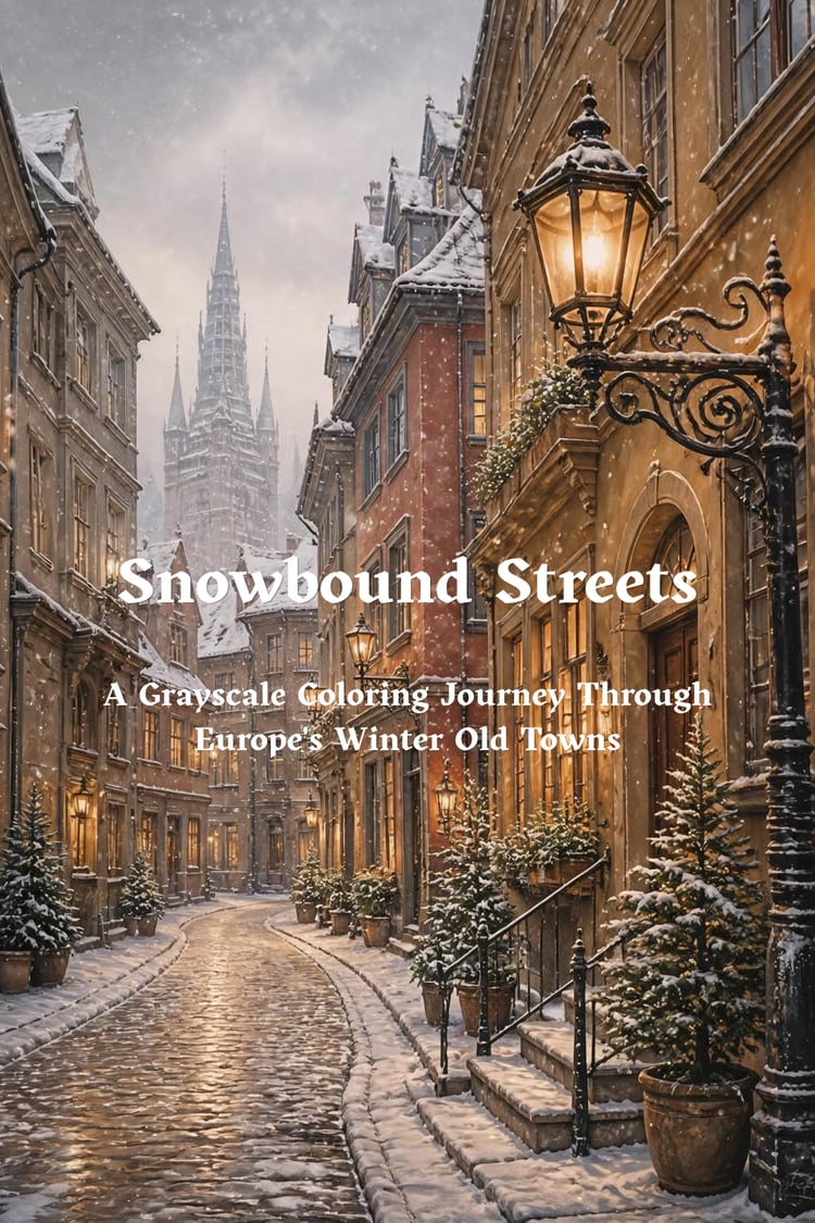 Colorful cover illustration of a snowy European old town street at dusk with a glowing lantern, warm lit windows, and a distant church spire