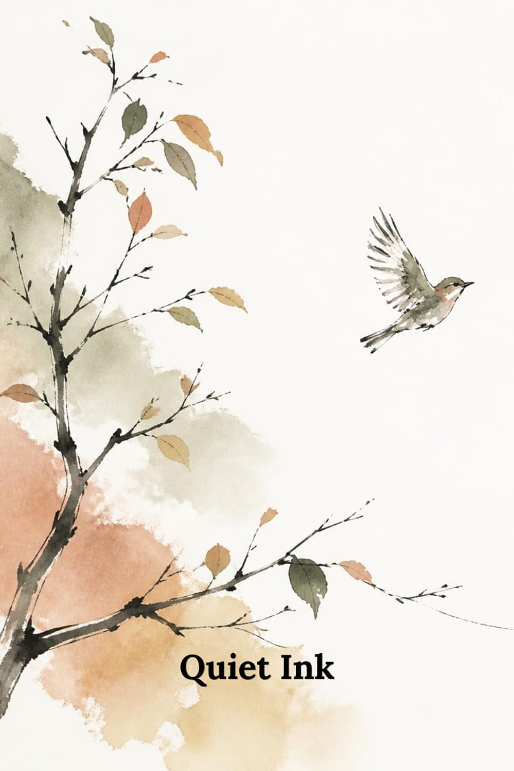 : Colorful cover illustration for Quiet Ink art print collection, ink and watercolor branch with autumn leaves and a bird in flight