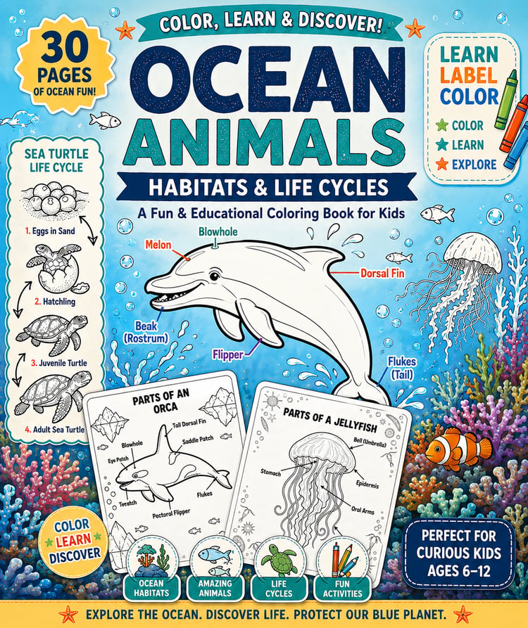Ocean Animals coloring book cover for kids featuring labeled dolphin, orca, and jellyfish anatomy diagrams, sea turtle life cycle, and coral reef illustrations