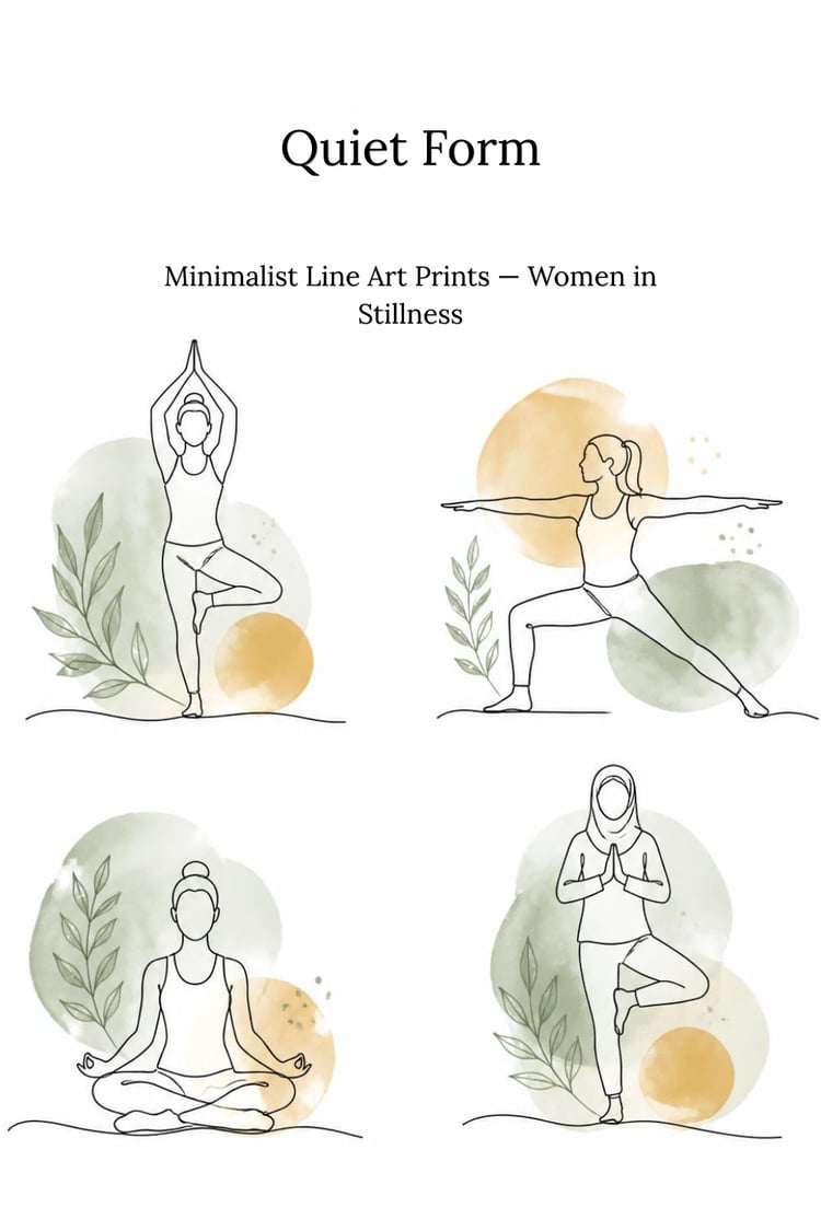 Quiet Form minimalist line art print set cover - four watercolor yoga pose illustrations in sage green and ochre