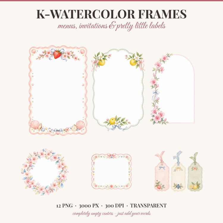 P1: Watercolor frames and menu cards cover with scalloped menu frames, blossom wreath and gift tags