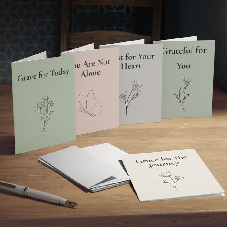 Five caregiver encouragement cards displayed standing with one card and envelope laid in front, showing minimalist botanical and butterfly designs