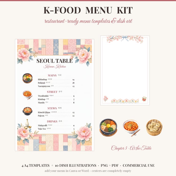 P1: Korean food menu kit cover with a finished hanok-style menu and watercolor dish art