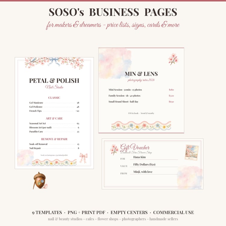 P1: Small business template kit cover with nail salon price list, photographer rate card and gift voucher examples