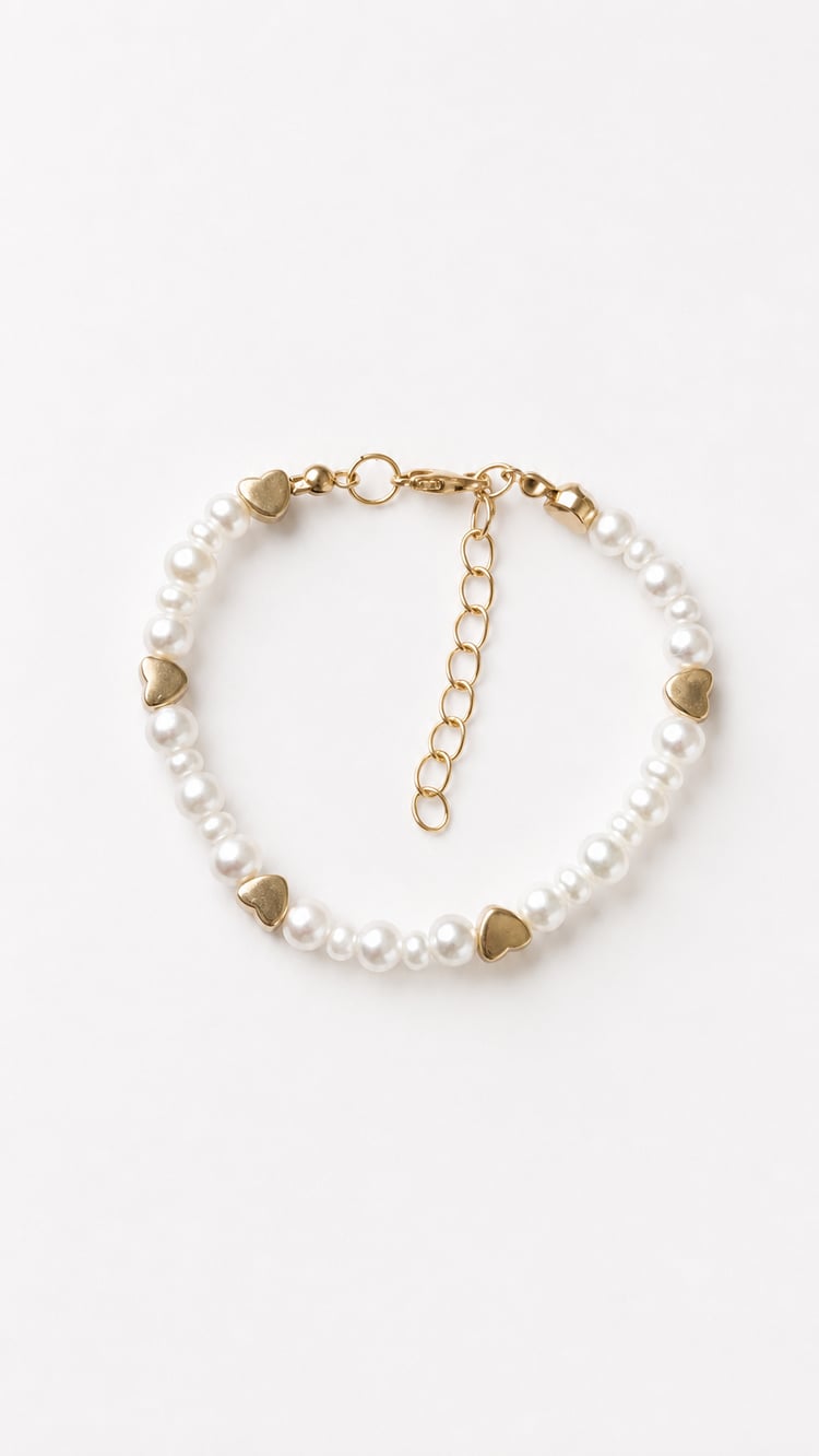 Handmade white pearl bracelet with gold heart beads, lobster clasp and adjustable extender chain