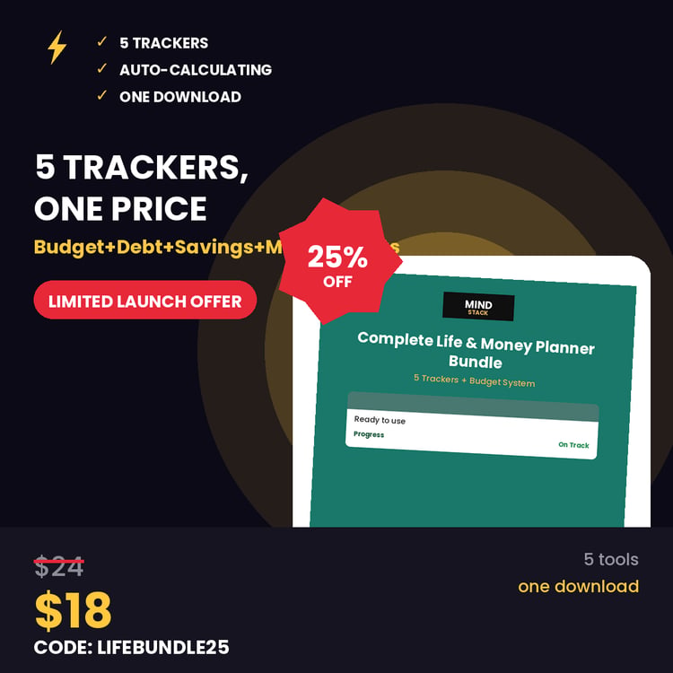 Complete Life and Money Planner Bundle with five Excel and Google Sheets trackers for budget, debt payoff, savings goals, meal planning, grocery budget, and habits