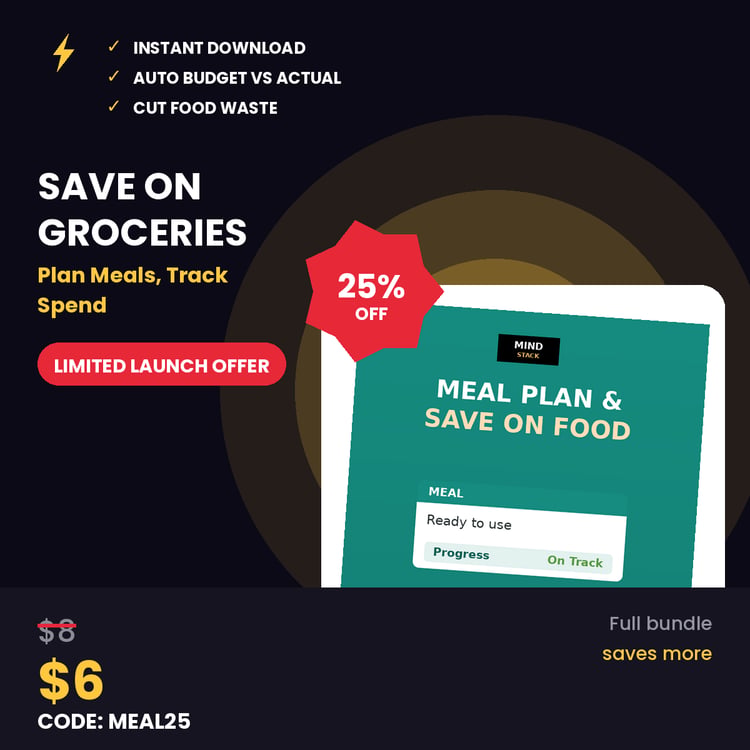 Meal Planner and Grocery Budget Tracker Excel and Google Sheets template with weekly meal calendar, grocery list by category, and budget tracking for cost-effective meal planning