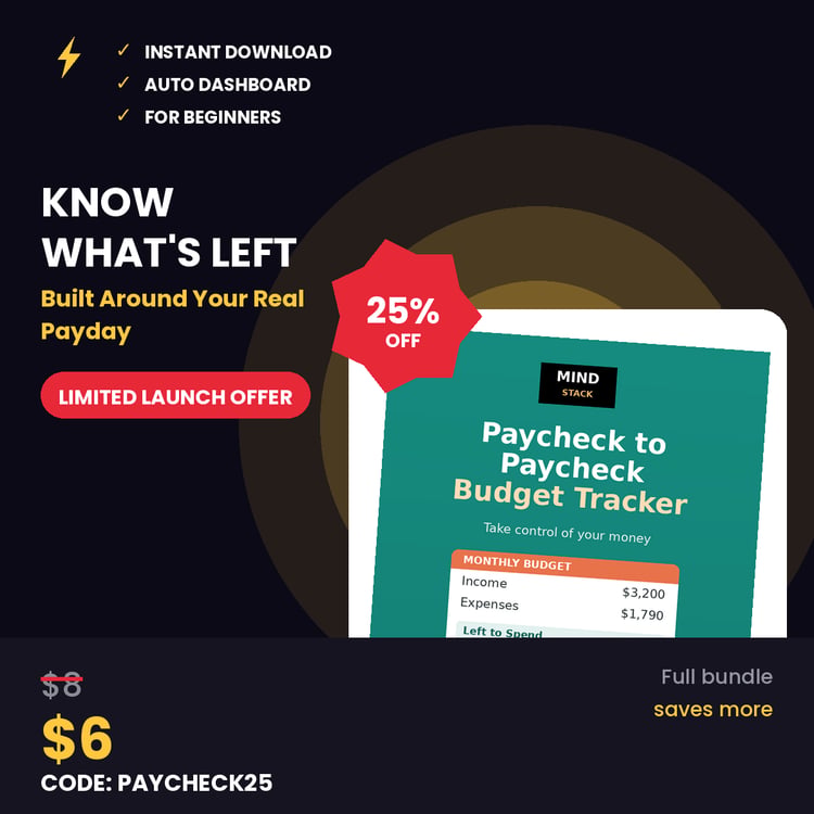 Paycheck Budget Tracker Excel and Google Sheets template with auto-updating dashboard, pie chart, safe-to-spend calculator, expense and bill trackers for paycheck-to-paycheck budgeting