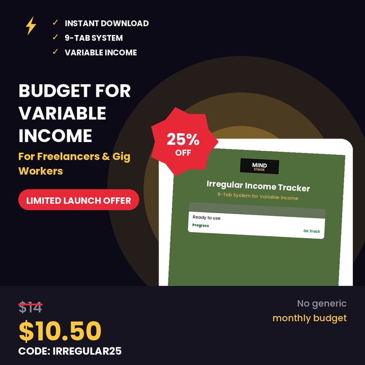 Irregular Income Budget Tracker 9-tab Excel and Google Sheets system for income smoothing, expenses, bills, debt payoff, savings goals, annual overview, and insights