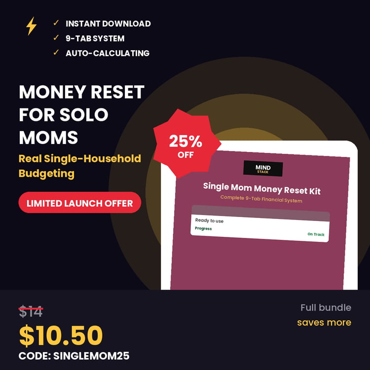 Single Mom Budget Planner 9-tab Excel and Google Sheets system for income, expenses, kids’ costs, bills, debt payoff, savings goals, annual overview, and insights
