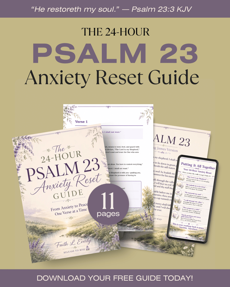 The 24-Hour Psalm 23 Anxiety Reset Guide free Christian anxiety resource featuring the guide cover, Psalm 23 KJV, an interior reflection page, and the 24-hour reset roadmap.