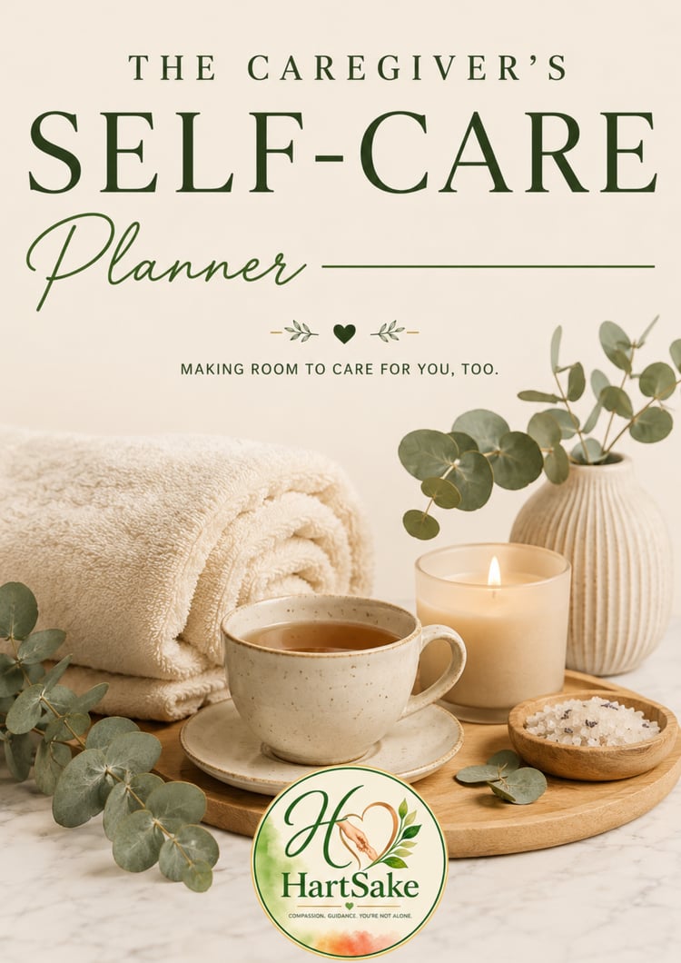 Caregiver Self-Care Planner designed to help dementia caregivers manage stress, prevent caregiver burnout, prioritize their own well-being, and create practical self-care routines while caring for a loved one with dementia.