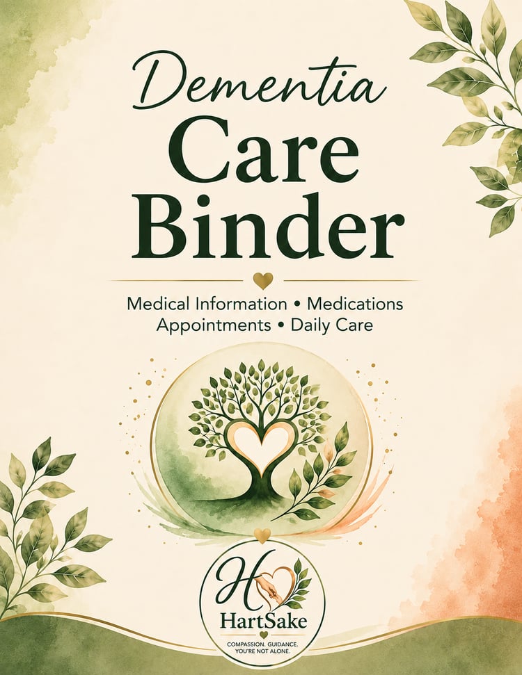 Dementia Care Binder to help family caregivers organize important medical information, medications, appointments, emergency contacts, health records, daily care details, and essential information for a loved one with dementia.