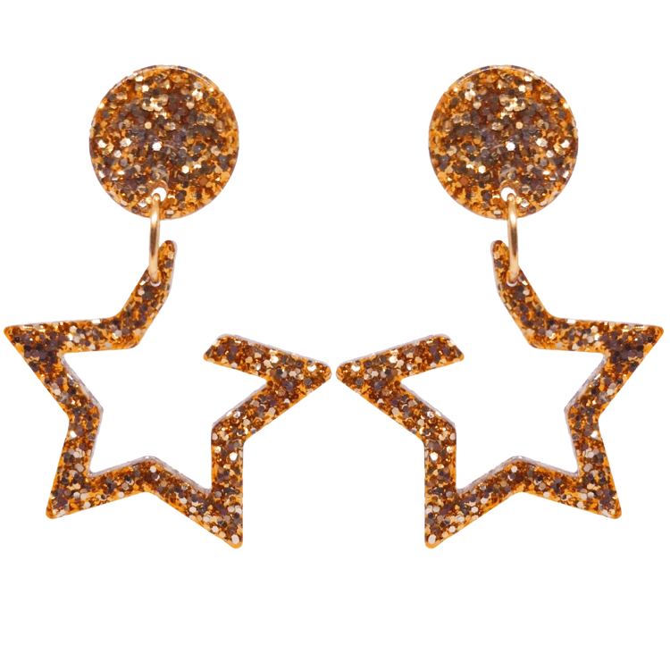 1970's Disco Glam Rock Retro Star Earrings in Gold Glitter by Atomic Cat
