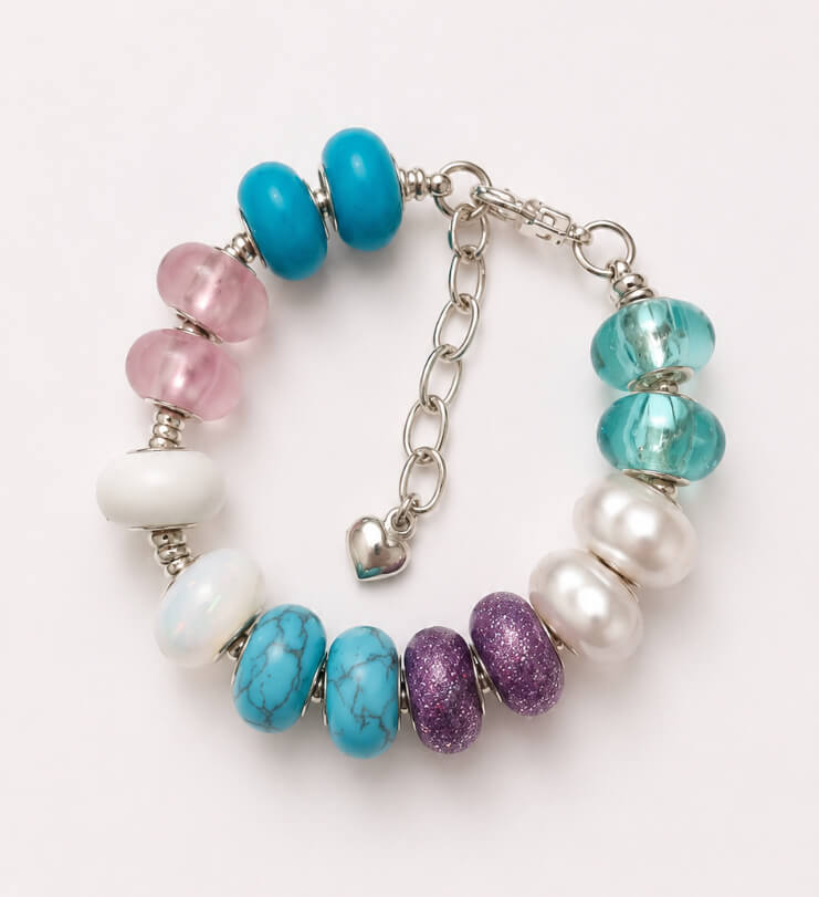 Handmade multicolour European charm bracelet with blue, pink, purple and pearly beads