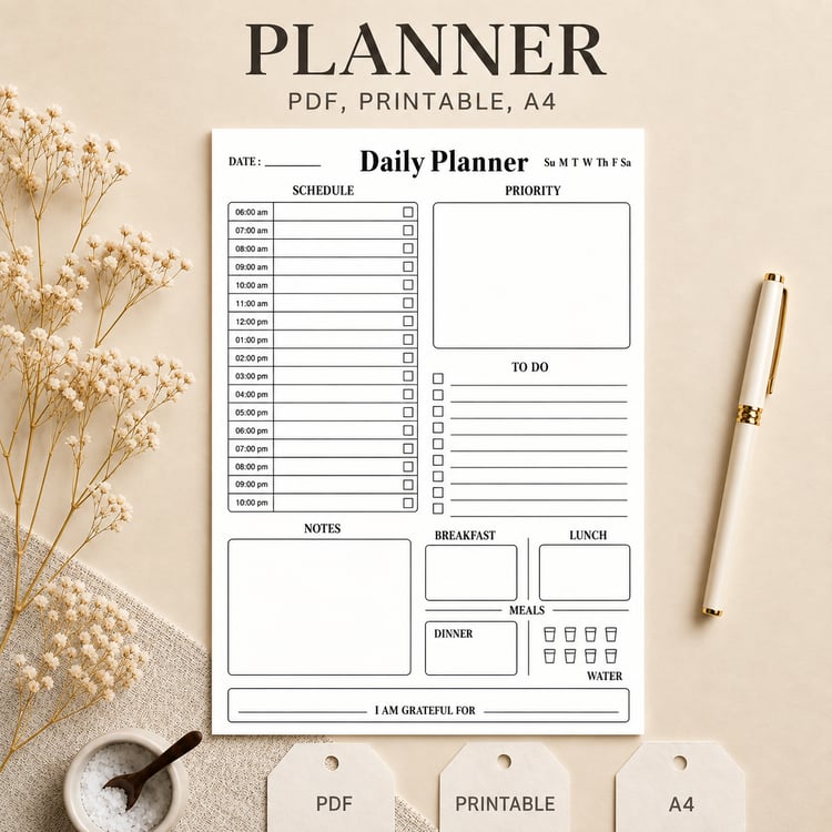 Black and white printable daily planner template with to-do list and notes