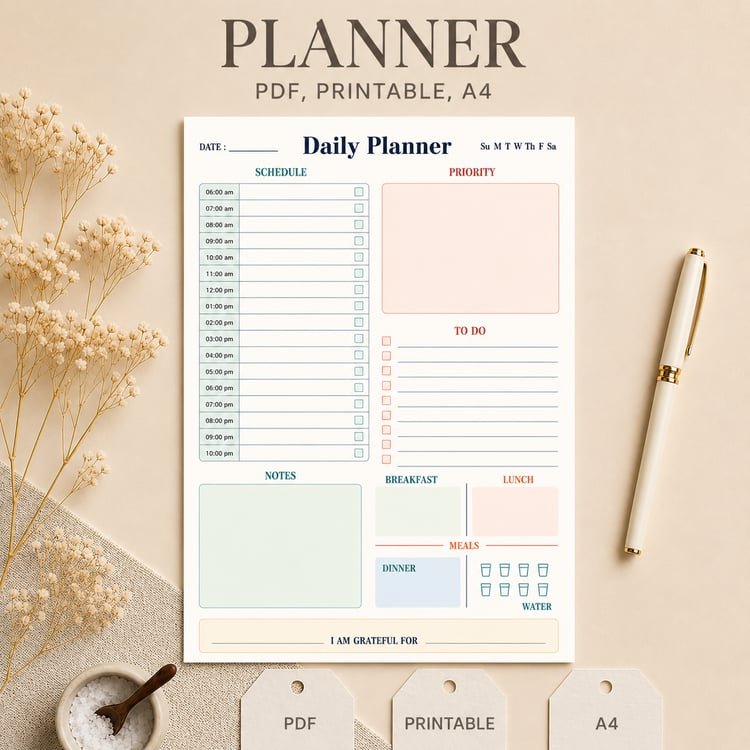 Color printable daily planner template with meal tracker and water tracker