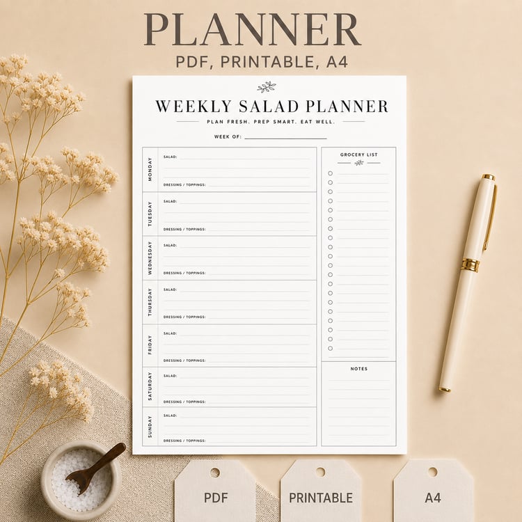 Black and white printable weekly meal planner for salad prep and healthy eating