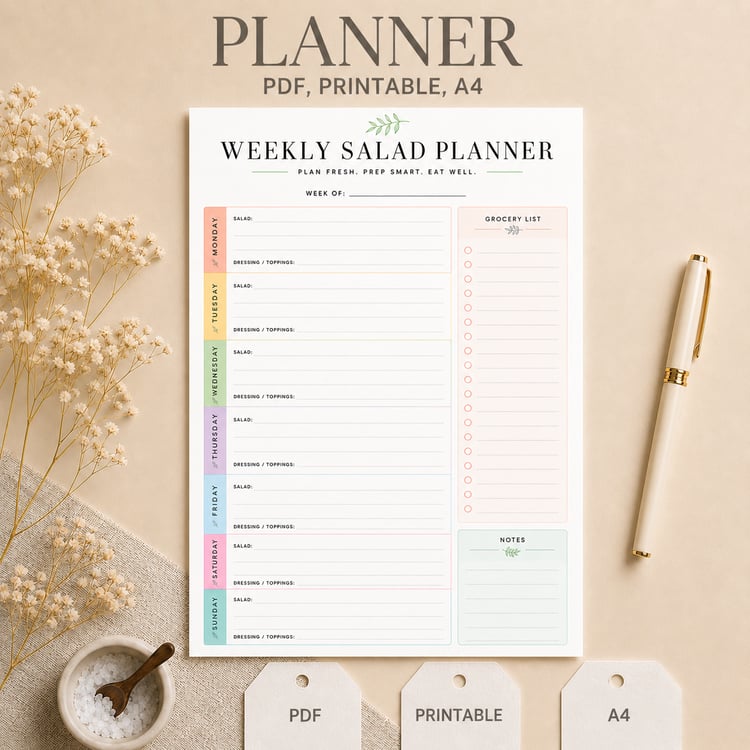 Color printable weekly salad planner with meal prep and grocery list sections