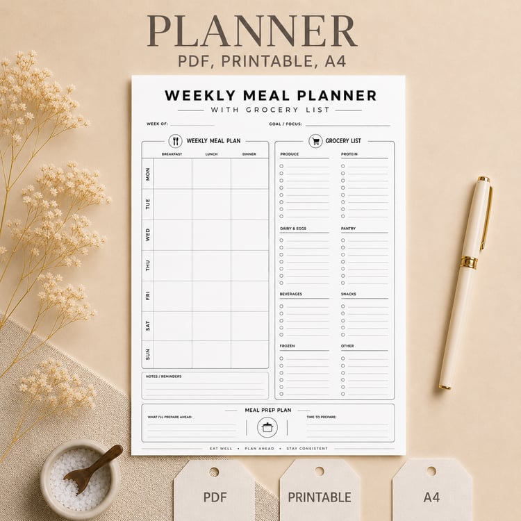Black and white printable weekly meal planner with grocery list