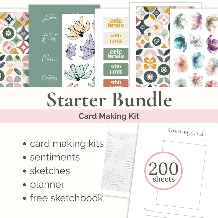 Sheets for card making with sentiments, flowers and card bases on them. Text overlay: Starter Bundle