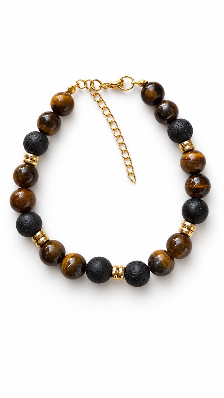Handmade genuine Yellow Tiger’s Eye and black Lava Stone bracelet with gold-tone details